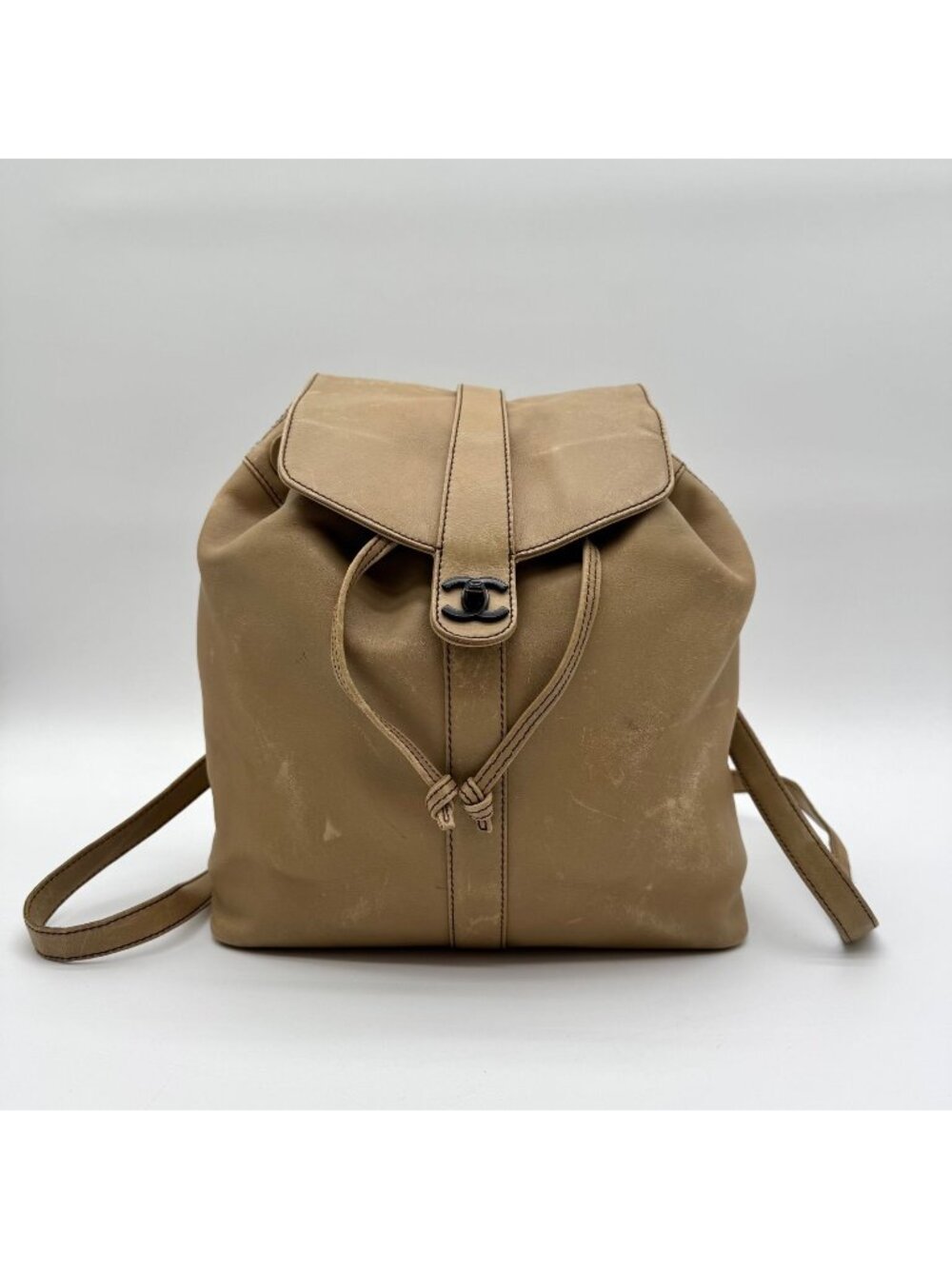 Chanel Backpack Vintage CC Logo Turnlock Leather Beige